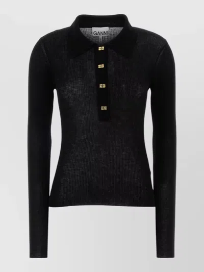 Ganni Wool Polo Shirt Long Sleeves Ribbed Collar In Black