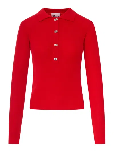 Ganni Wool Polo Shirt With Embroidered Logo In Red