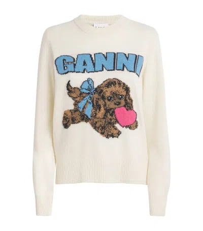 Ganni Wool Puppy Love Sweater In White