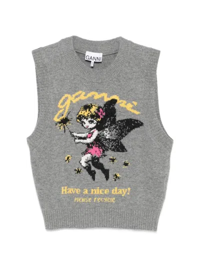 Ganni Wool Recycled Polyamide Vest In Gray