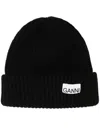 Ganni Ribbed Beanie With Application In Black