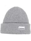 Ganni Melange Grey Logo Beanie In Gray
