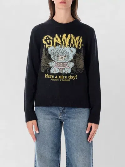 Ganni Graphic Intarsia Crewneck Sweater In Phantom Black
