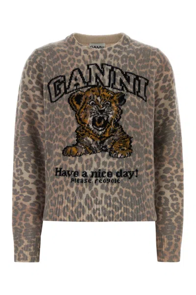 Ganni Wool Sweater In Animal Print