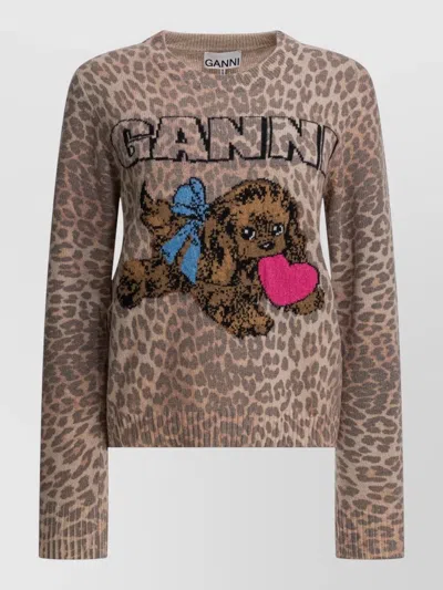 Ganni Wool Sweater Crew Neck Animal Motif Graphic In Brown