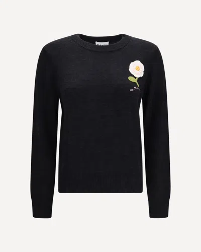 Ganni Wool Sweater With Crochet Flower In Black