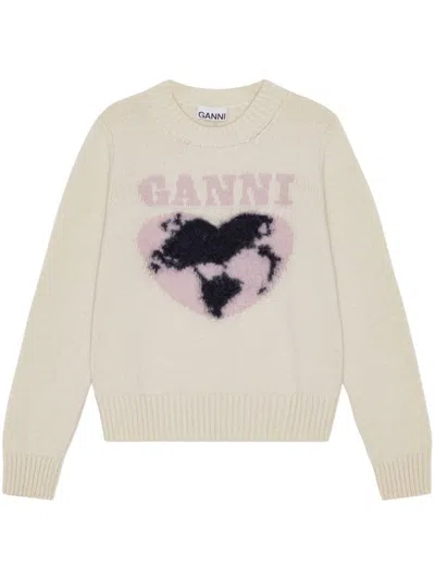 Ganni Wool Sweater With Front Heart And Logo In Beige