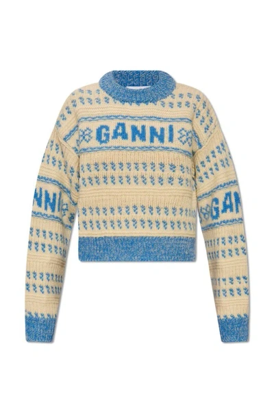 Ganni Wool Sweater With Logo In Beige