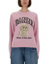 Ganni Wool Sweater With Poodle In Pink