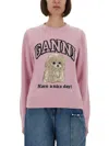 Ganni Wool Sweater With Poodle In Pink