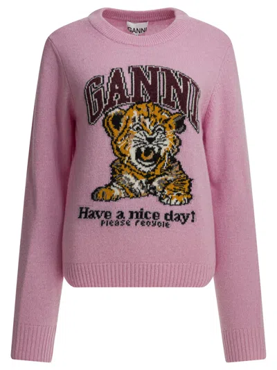 Ganni Wool Sweater With Print Knitwear Pink