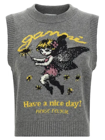 Ganni Wool Vest Gilet Gray In Brown