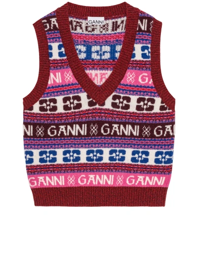 Ganni Pink Logo Wool Mix Vest In Multicolor
