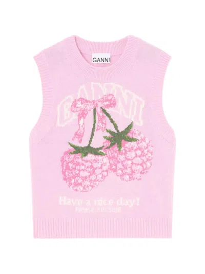 Ganni Wool Knit Vest Crew Neck Graphic In Pink