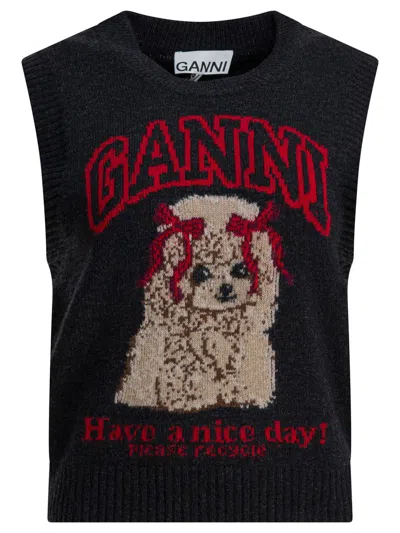 Ganni Wool Vest With Logo Knitwear Black