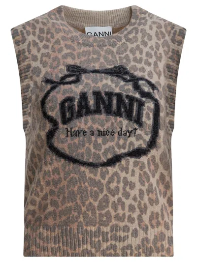 Ganni Wool Vest With Logo Knitwear Brown