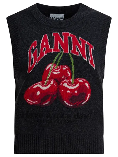 Ganni Wool Vest With Logo Knitwear Black