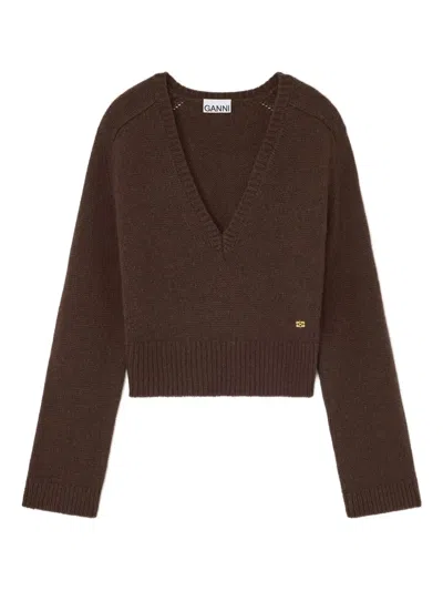 Ganni Wool Yak Mix V-neck Knit In Brown
