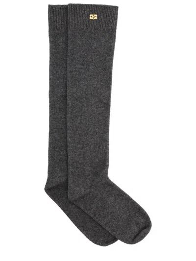 Ganni Wool-blend Knee-high Socks In Charcoal