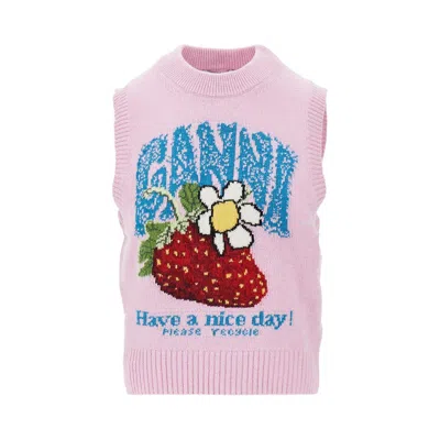 Ganni Crew Neck Graphic Knit Sleeveless Top In Pink