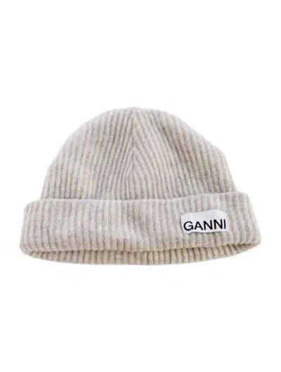 Pre-owned Ganni Wool-blend Rib Knit Beanie In Gray