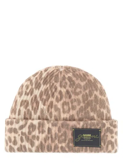 Ganni Womens Leopard Brand-patch Wool-blend Beanie In Brown