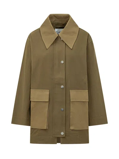 Ganni Workwear Canvas Jacket In Military Olive