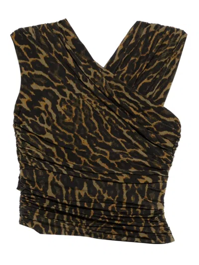 Ganni Asymmetric Neck Sleeveless Leopard Print Top In Black