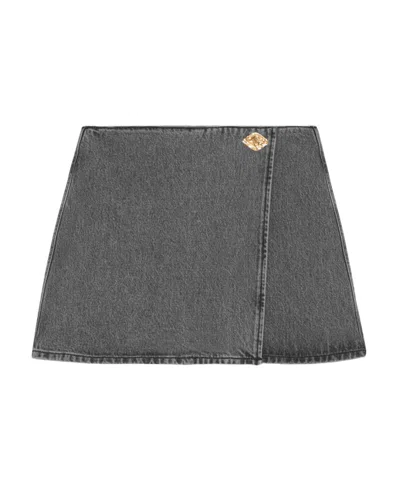 Ganni Wrap Denim Miniskirt In Gray