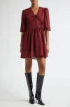Ganni Red & Black Tie String Wrap Minidress In Winery