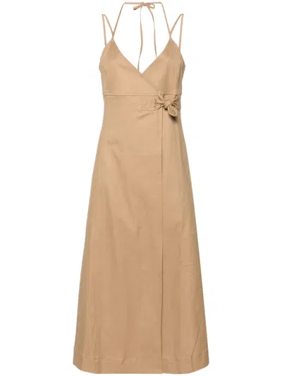 Ganni Wrap Herringbone Midi Dress In Neutrals