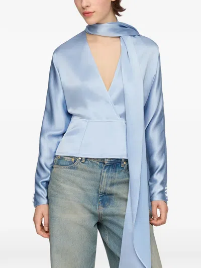 Ganni Wrap-style Scarf-detail Blouse In Blue