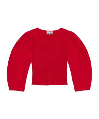 GANNI RED COTTON POPLIN SMOCK BLOUSE