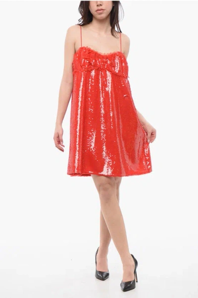 Ganni Writing Sequines Mini Silp Dress With Back Zip In Red