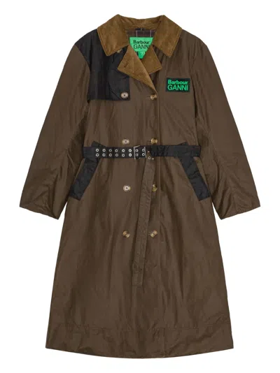 Ganni X Barbour Buttoned Belted Coat In Brown