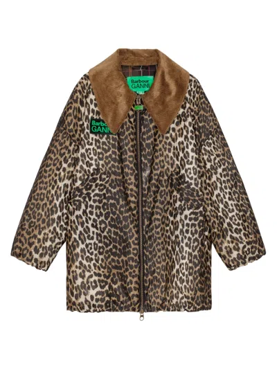 Ganni X Barbour Leopard-print Corduroy-collar Coat In Animal Print