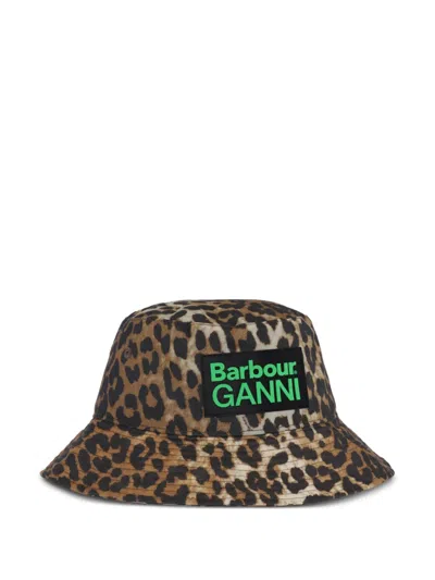 Ganni X Barbour Leopard-print Logo-patch Hat In Brown