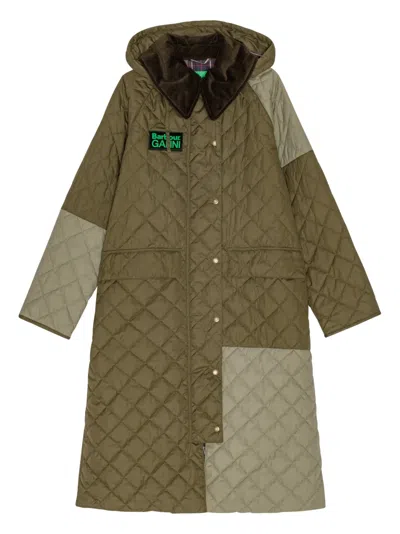 Ganni X Barbour Quilted Hooded Coat In Green
