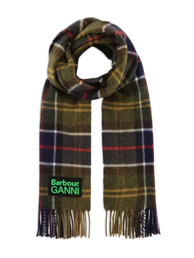 Ganni X Barbour Tartan Fringed Scarf In Green
