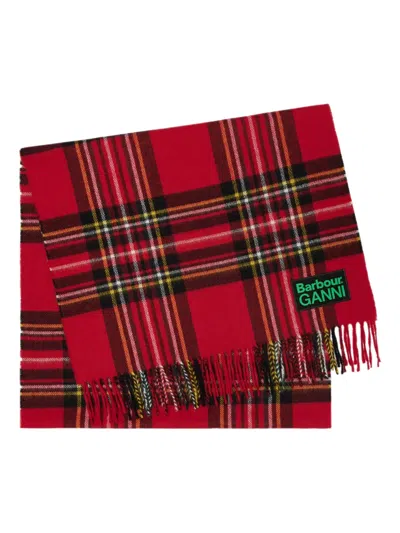 Ganni X Barbour Tartan Fringed Scarf In Red