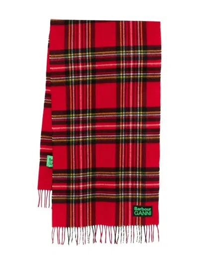 Ganni X Barbour Tartan Fringed Scarf In Red