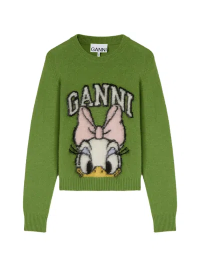 Ganni X Disney Daisy Duck Crew-neck Sweater In Green