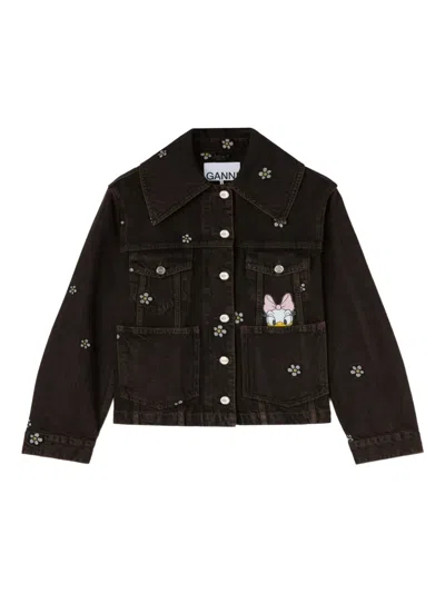 Ganni X Disney Floral-appliqué Jacket In Black
