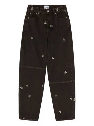 Ganni X Disney Floral-embroidered Jeans In Brown