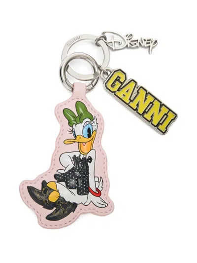 Ganni X Disney Leather Charm Keyring In Pink