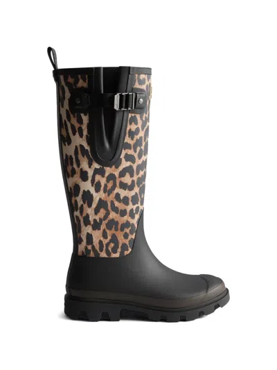 Ganni X Hunter Downpour Tall Boots In Leopard In Black