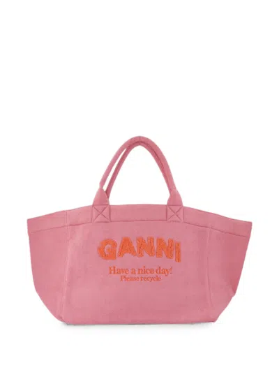 Ganni Xxl Beach Resort Embroidered-logo Tote Bag In Pink