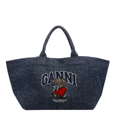 Ganni Xxl Bear Tweed Denim Shopper Bag In Gray
