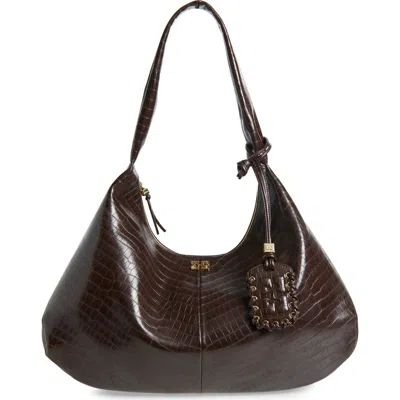 Ganni Xxl Bou Croc Embossed Hobo Bag In Brown
