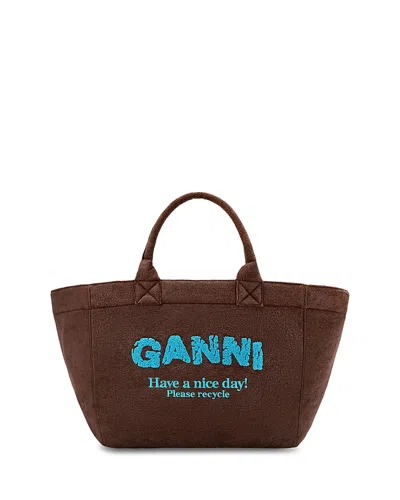 Ganni Logo-embroidered Reversibletote Bag In Brown